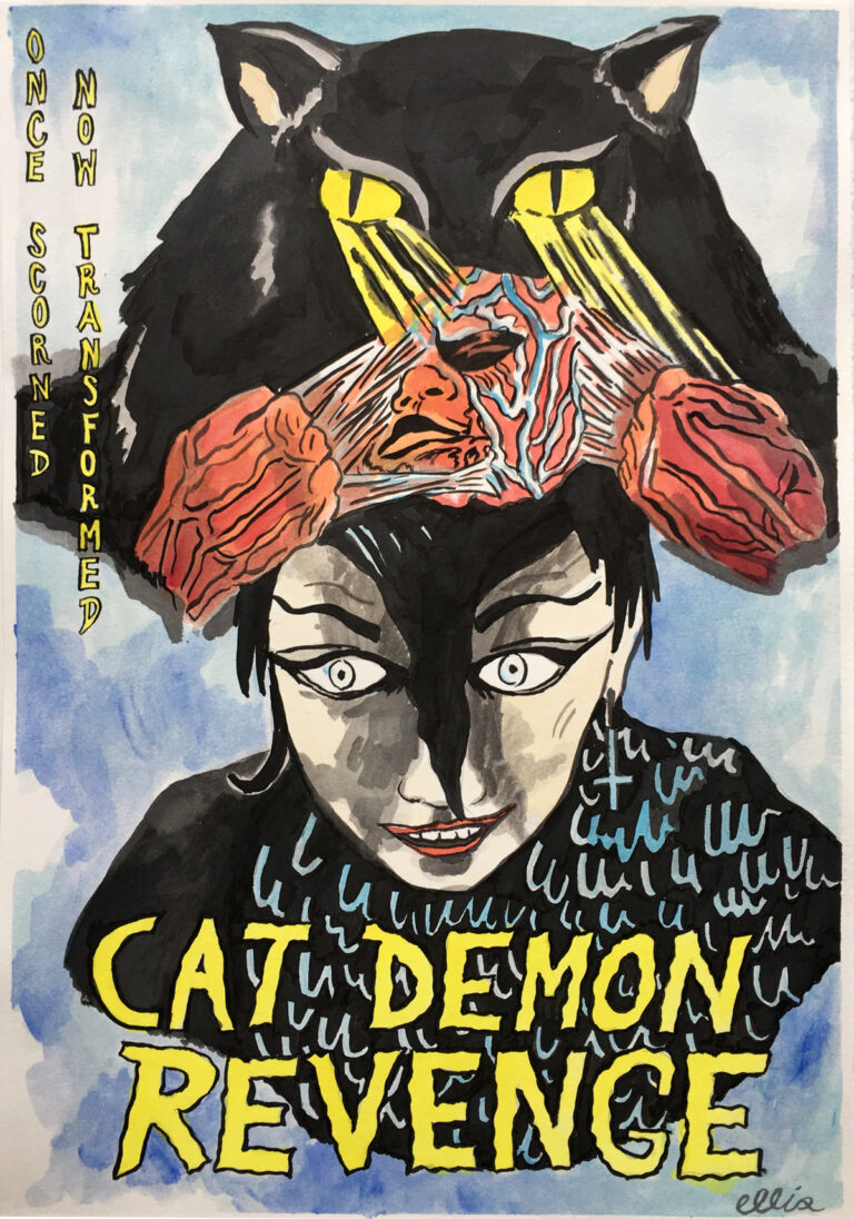 “Cat Demon Revenge”, Sumi Ink and Gouache on Paper, 11 x 16 inches, 2017