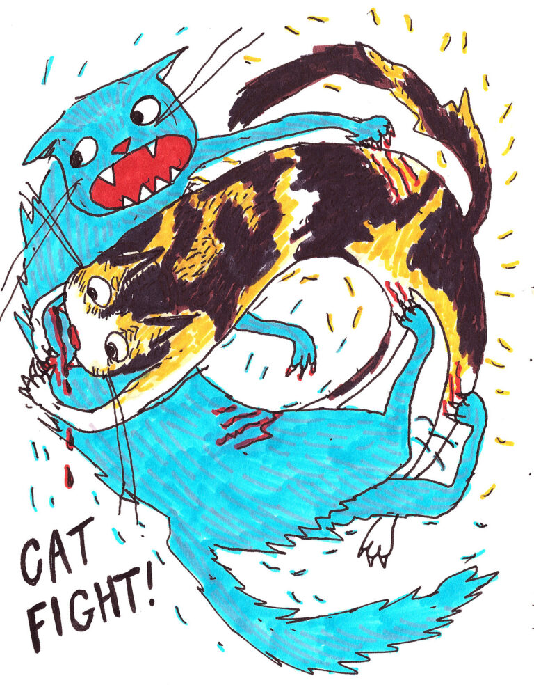 “Cat Fight”, Ink and Marker on Paper,  7 x 5 inches, 2017 (Private Collection)