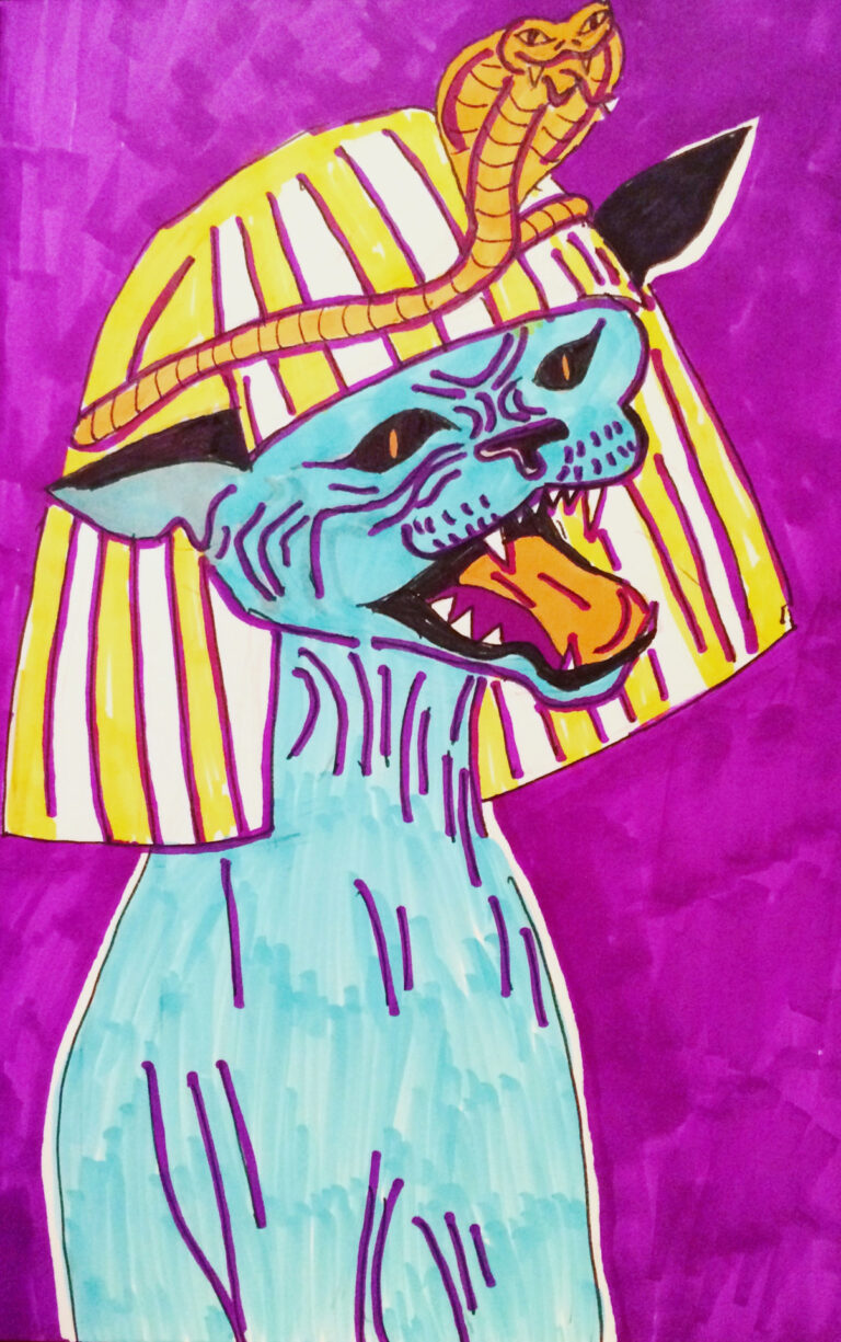 "Screaming Sphynx”, Ink and Marker on Paper,  8 x 5 inches, 2017