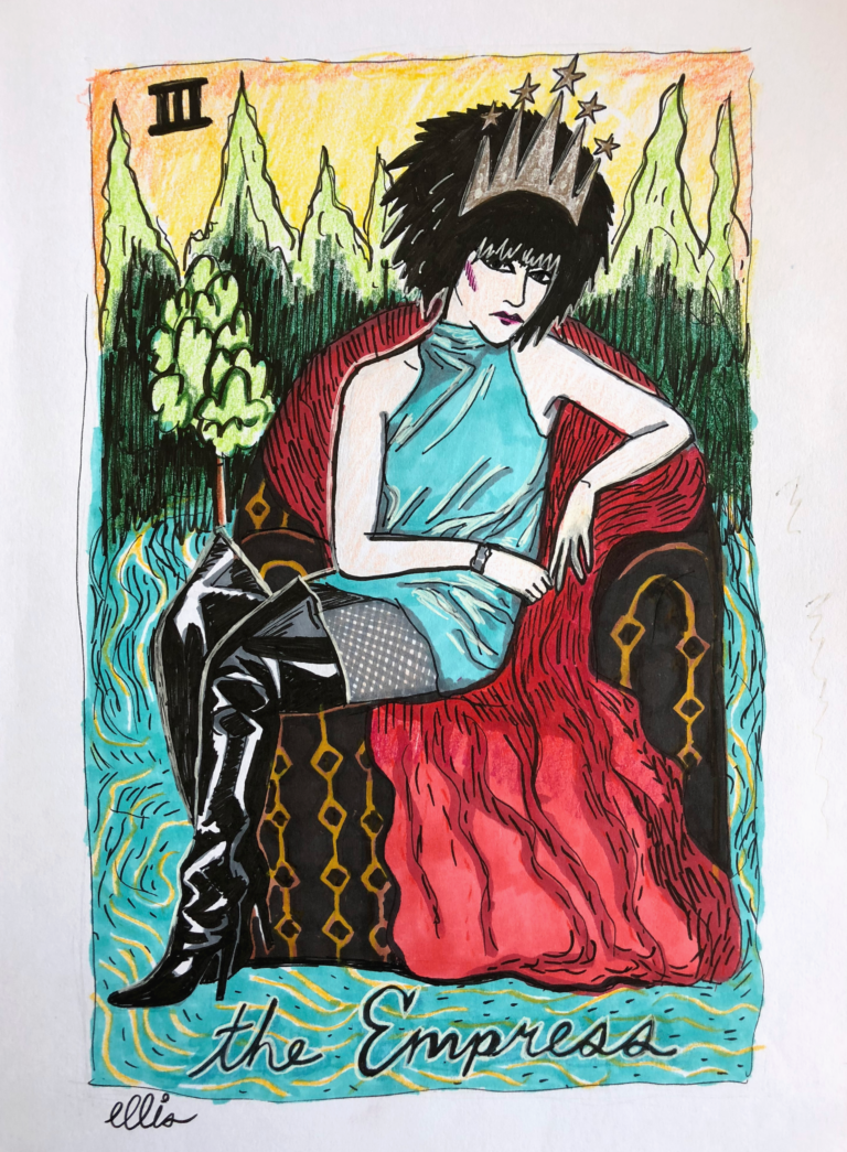 “Siouxie Sioux: The Empress Tarot”, Ink, Marker, Colored Pencil and Gel Pen on Paper, 11 x 14 inches, 2018 (Private Collection)