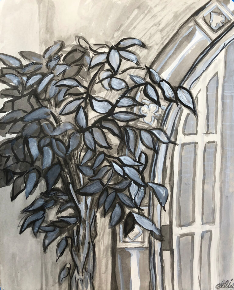 “Triple Arch Windows”, Sumi Ink and Acrylic on Paper, 18 x 24 inches, 2018