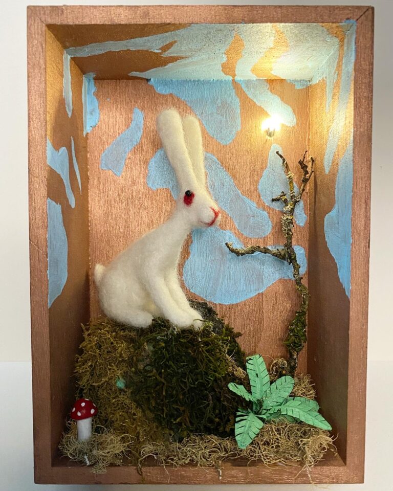 Killer Rabbit, needle felted wool, fimo clay, dried moss, LED light, mixed media, 7 x 5 x 3 inches, 2020