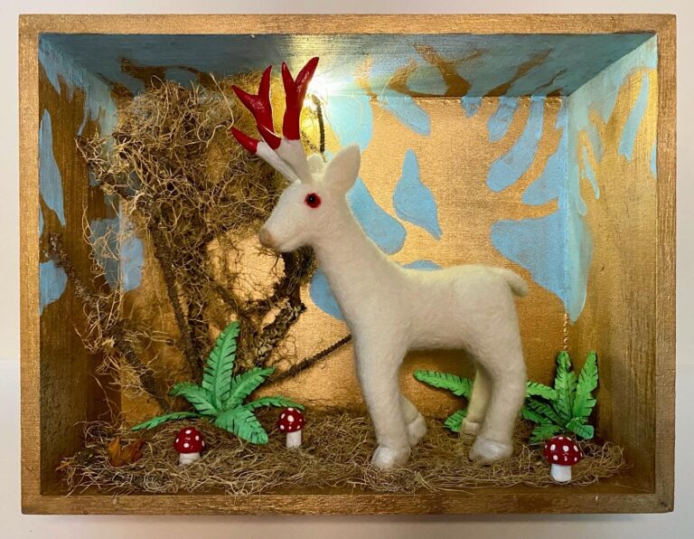 Undead Deer, needle felted wool, fimo clay, dried moss, LED light, mixed media, 7 x 9 x 3 inches, 2020