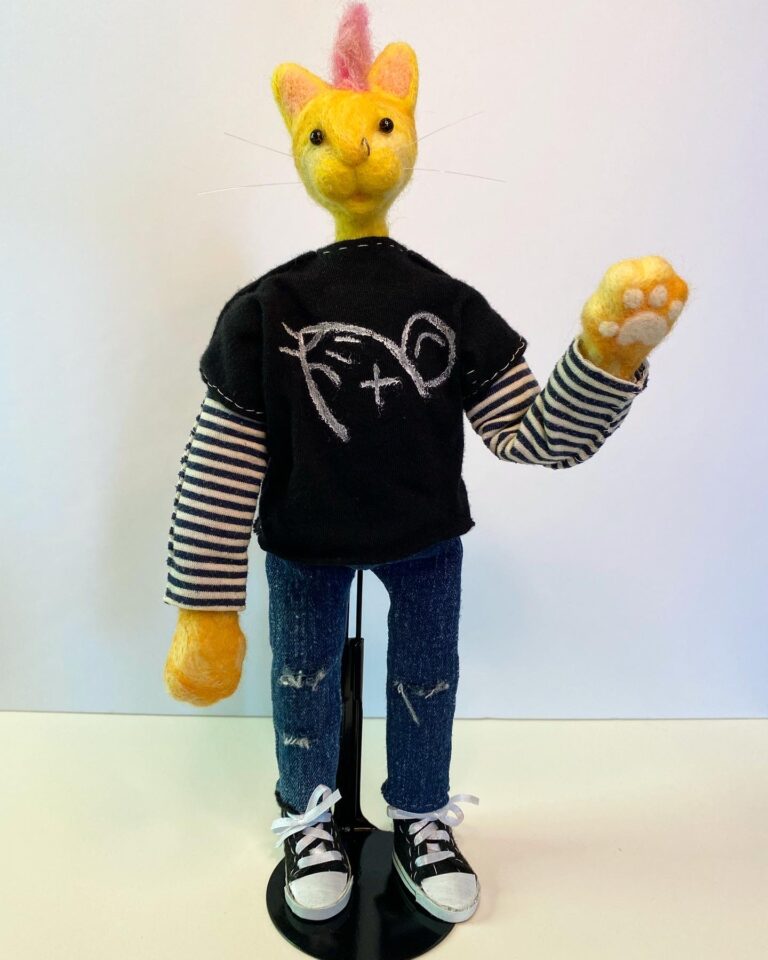 Funk the Punk, needle felted wool, wire, fimo clay, fabric, mixed media, approx 8 x 3 x 3 inches, 2019 (Private Collection)