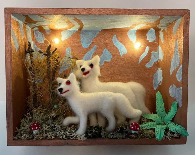 Fox Trouble, needle felted wool, fimo clay, dried moss, LED light, mixed media, 6 x 8 x 3 inches, 2020