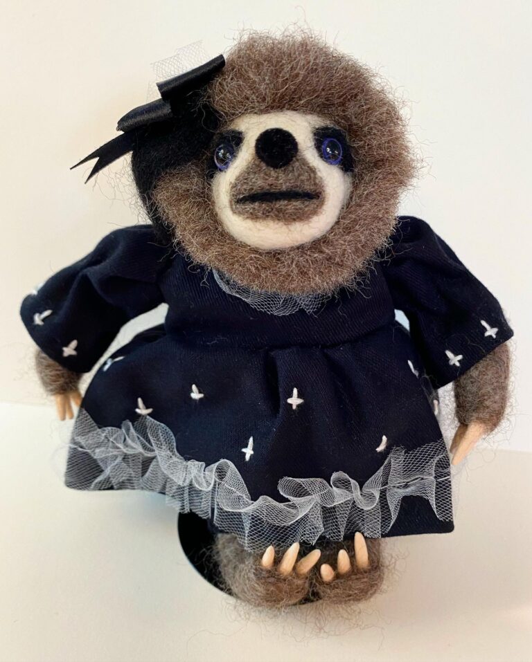 Lydia the Goth Sloth, needle felted wool, wire, fimo clay, fabric, approx 7 x 5 x 5 inches, 2020