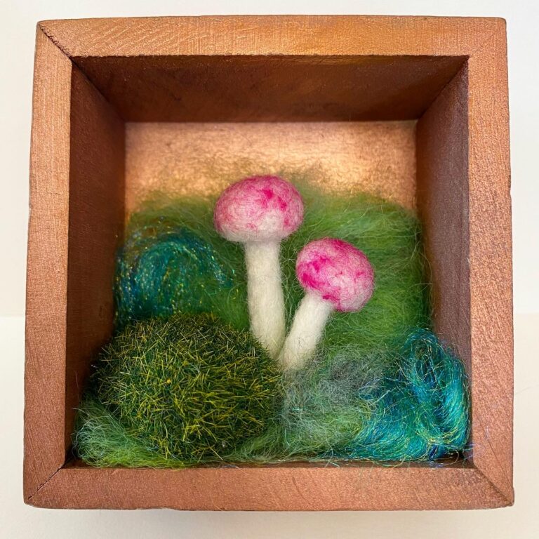 Mushrooms #2, needle felted wool, mixed media, 4 x 4 x 2 inches, 2022