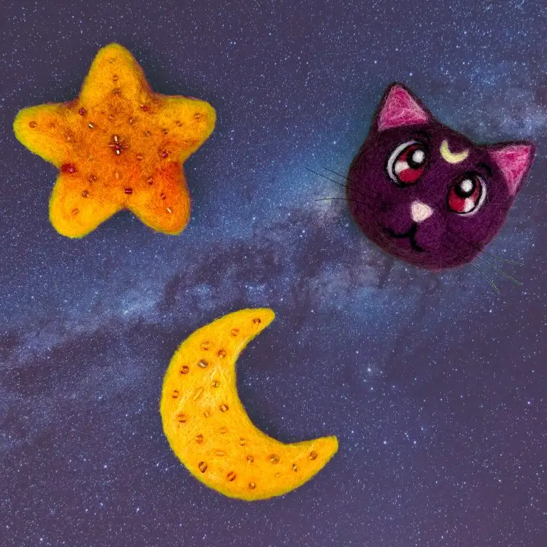 "Cosmic Star", "Cosmic Moon", and "Luna", needlefelted wool, 2024